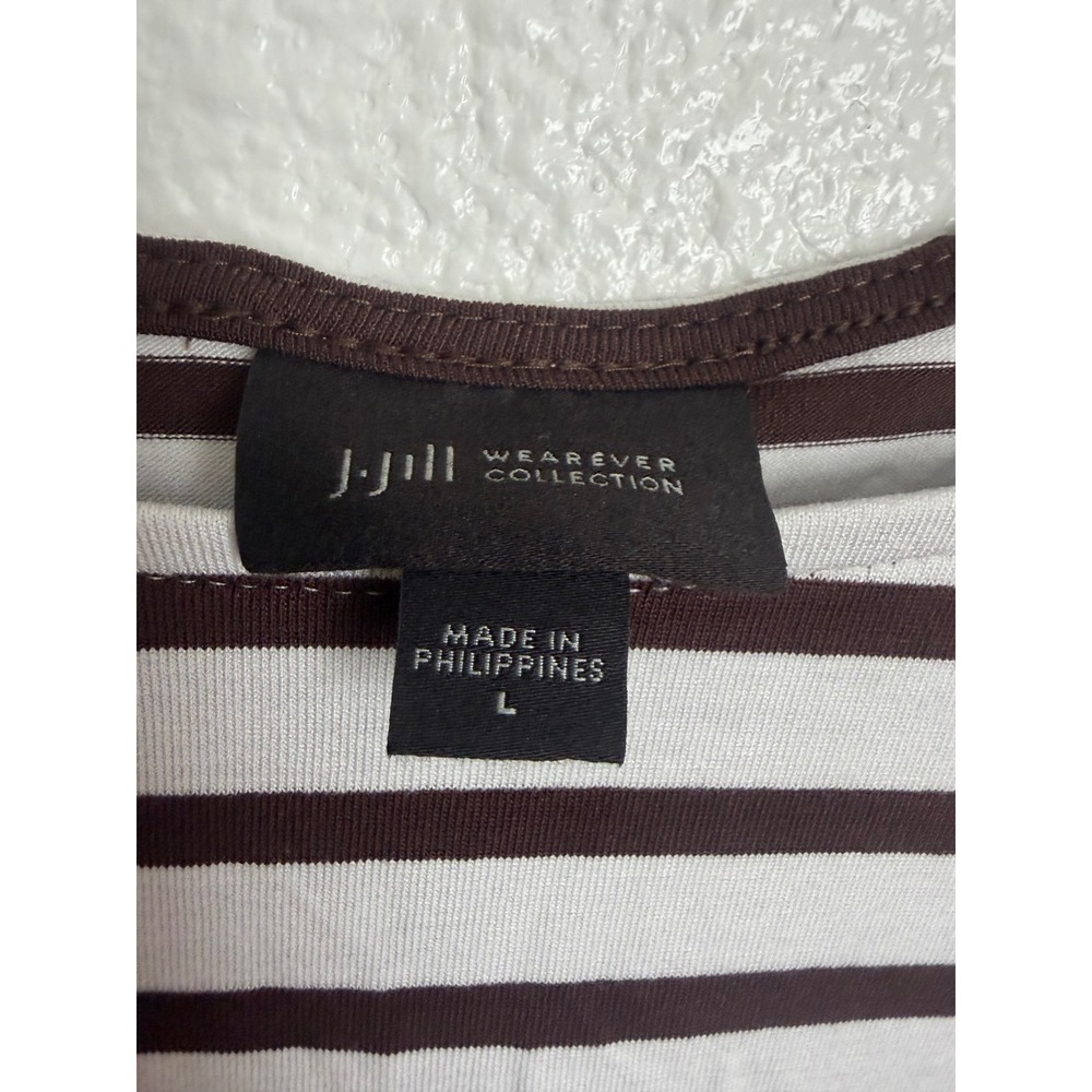 J.Jill Wearever Brown White Striped 3/4 Sleeve Boat Neck Tunic Top Large - Picture 4 of 9